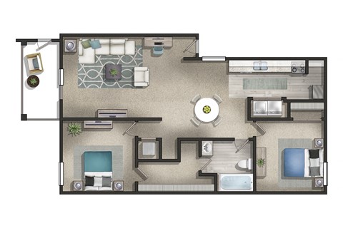 Floor plan for 2 beds, 1 bath, 1000 sqft